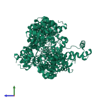PDB entry 2lvs coloured by chain, ensemble of 20 models, side view.