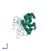 PDB entry 2lvv coloured by chain, ensemble of 10 models, side view.