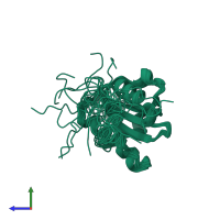 PDB entry 2lwf coloured by chain, ensemble of 20 models, side view.