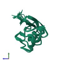 PDB entry 2lwp coloured by chain, ensemble of 18 models, side view.