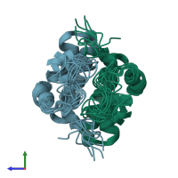 PDB entry 2lxb coloured by chain, ensemble of 10 models, side view.