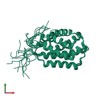 PDB entry 2lyi coloured by chain, ensemble of 10 models, front view.