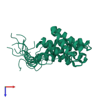 PDB entry 2lyi coloured by chain, ensemble of 10 models, top view.