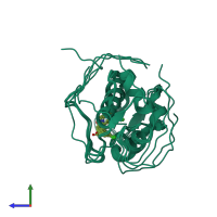 PDB entry 2lzg coloured by chain, ensemble of 5 models, side view.