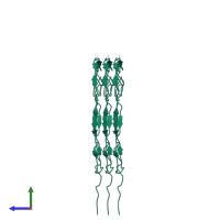 Homo nonameric assembly 1 of PDB entry 2m4j coloured by chemically distinct molecules, side view.