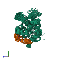 PDB entry 2m5b coloured by chain, ensemble of 20 models, side view.