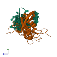 PDB entry 2m8d coloured by chain, ensemble of 16 models, side view.
