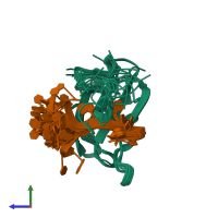 PDB entry 2mb0 coloured by chain, ensemble of 20 models, side view.