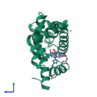 PDB entry 2mb5 coloured by chain, side view.