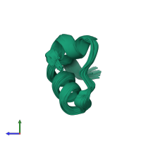 PDB entry 2mbd coloured by chain, ensemble of 48 models, side view.