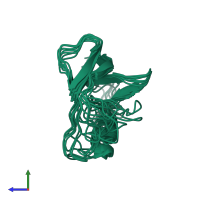 PDB entry 2mbe coloured by chain, ensemble of 8 models, side view.