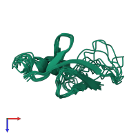 PDB entry 2mbe coloured by chain, ensemble of 8 models, top view.