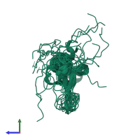 PDB entry 2mbf coloured by chain, ensemble of 20 models, side view.