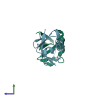 PDB entry 2mbo coloured by chain, side view.