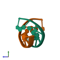 PDB entry 2mcj coloured by chain, ensemble of 10 models, side view.