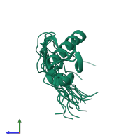 PDB entry 2mck coloured by chain, ensemble of 20 models, side view.