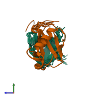 PDB entry 2mcn coloured by chain, ensemble of 10 models, side view.