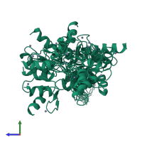 PDB entry 2mdg coloured by chain, ensemble of 20 models, side view.
