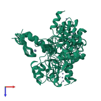 PDB entry 2mdg coloured by chain, ensemble of 20 models, top view.