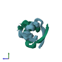 PDB entry 2mdv coloured by chain, ensemble of 32 models, side view.