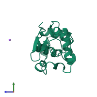 PDB entry 2meb coloured by chain, side view.