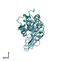 PDB entry 2mec coloured by chain, side view.