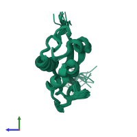 PDB entry 2mem coloured by chain, ensemble of 20 models, side view.