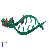 PDB entry 2mer coloured by chain, ensemble of 10 models, top view.