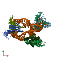 PDB entry 2mf1 coloured by chain, ensemble of 20 models, front view.