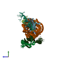 PDB entry 2mf1 coloured by chain, ensemble of 20 models, side view.