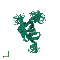 PDB entry 2mf7 coloured by chain, ensemble of 20 models, side view.