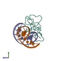 PDB entry 2mf8 coloured by chain, side view.
