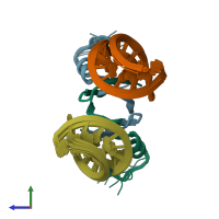 PDB entry 2mfc coloured by chain, ensemble of 20 models, side view.