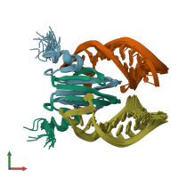 PDB entry 2mfg coloured by chain, ensemble of 20 models, front view.