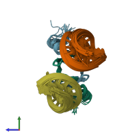 PDB entry 2mfg coloured by chain, ensemble of 20 models, side view.