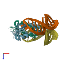 PDB entry 2mfg coloured by chain, ensemble of 20 models, top view.