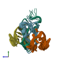 PDB entry 2mfh coloured by chain, ensemble of 20 models, side view.