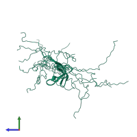 PDB entry 2mfi coloured by chain, ensemble of 10 models, side view.