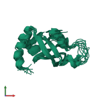 PDB entry 2mfl coloured by chain, ensemble of 10 models, front view.