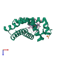 PDB entry 2mgc coloured by chain, top view.