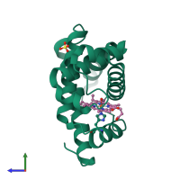 PDB entry 2mgh coloured by chain, side view.