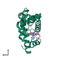 PDB entry 2mgj coloured by chain, side view.