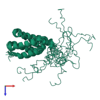 PDB entry 2mgx coloured by chain, ensemble of 15 models, top view.