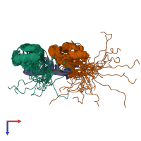 PDB entry 2mgz coloured by chain, ensemble of 20 models, top view.