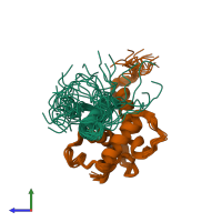PDB entry 2mh0 coloured by chain, ensemble of 20 models, side view.