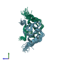 PDB entry 2mhe coloured by chain, ensemble of 20 models, side view.