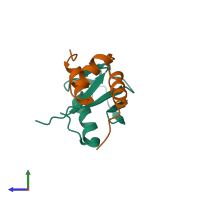PDB entry 2mj5 coloured by chain, side view.
