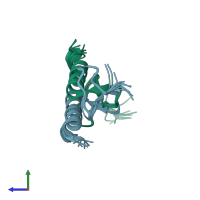 PDB entry 2mjg coloured by chain, ensemble of 10 models, side view.