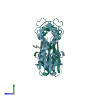 PDB entry 2mjp coloured by chain, side view.