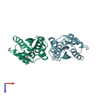 PDB entry 2mjp coloured by chain, top view.